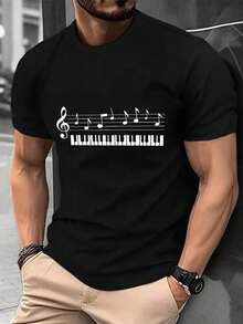 Camiseta de algodón para hombre con temática musical, diseño de teclado de piano y notas musicales, tejido de punto microelástico, corte regular, camiseta casual para uso diario - Negro - Ver 1