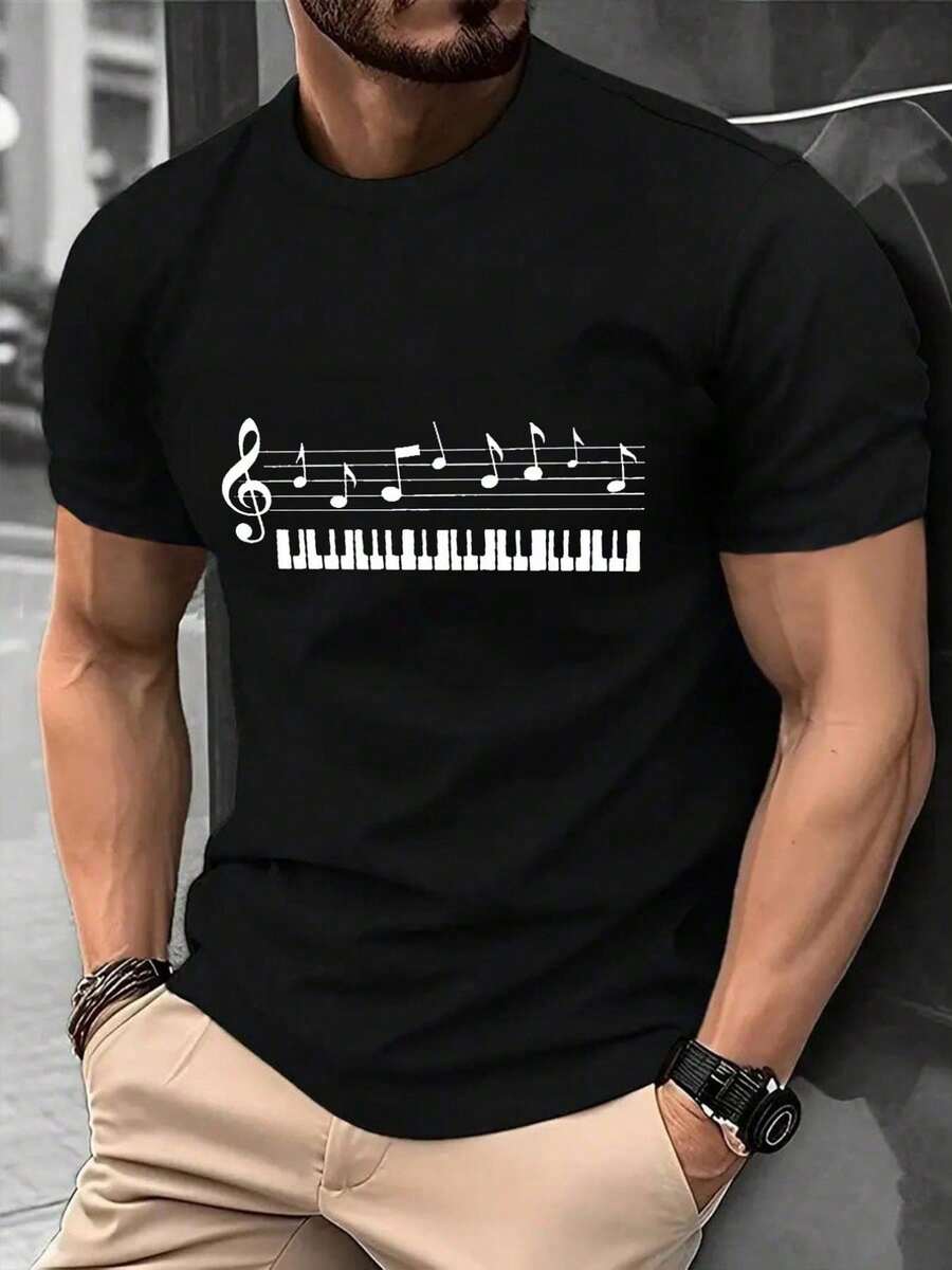 Camiseta de algodón para hombre con temática musical, diseño de teclado de piano y notas musicales, tejido de punto microelástico, corte regular, camiseta casual para uso diario - Negro - Ver 1