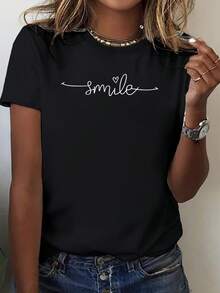 Blusa de Verano de Algodón Puro Negra Cuello Redondo Manga Corta Estampado de Letras Cursivas y Corazón en Blanco Top Casual Cómodo Lavable a Máquina Regalo para el Día de la Madre camisas d - Negro - Ver 1
