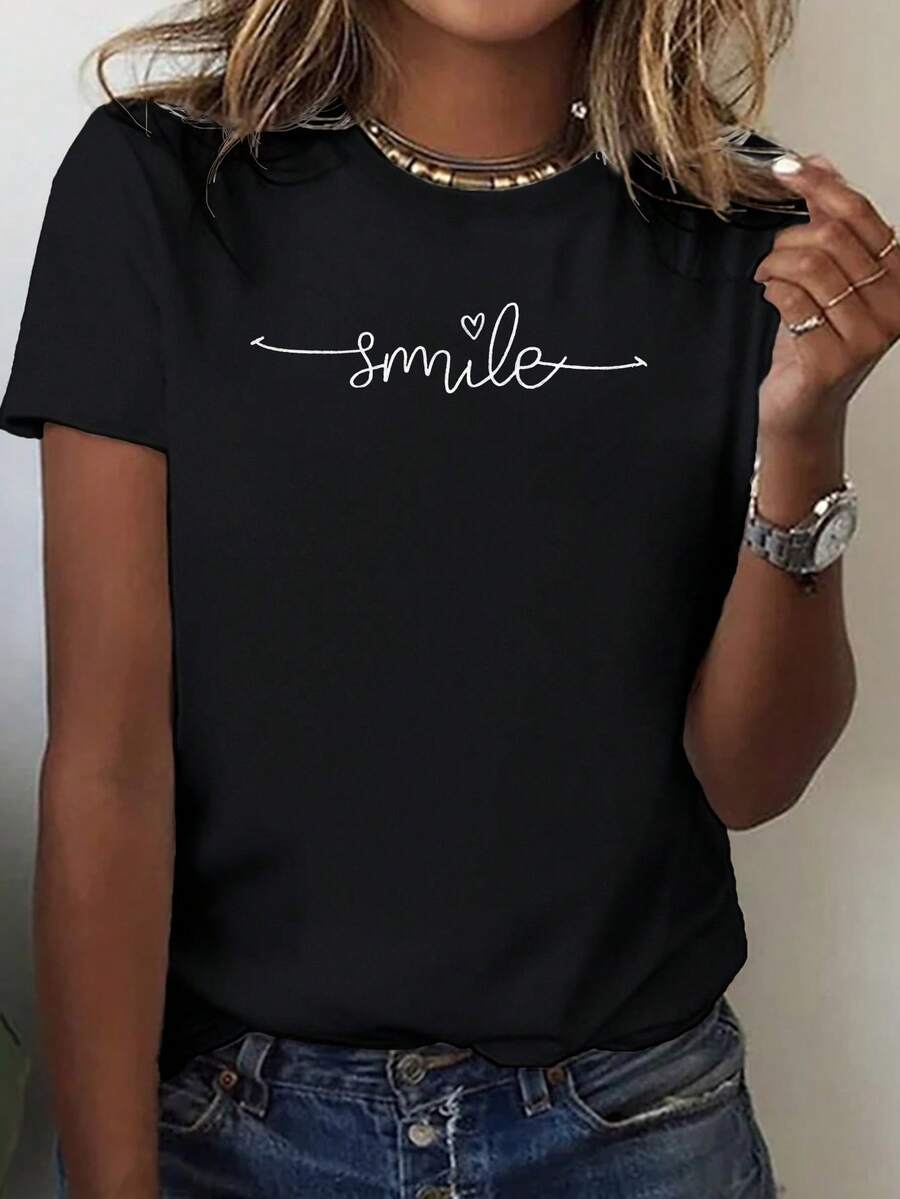 Blusa de Verano de Algodón Puro Negra Cuello Redondo Manga Corta Estampado de Letras Cursivas y Corazón en Blanco Top Casual Cómodo Lavable a Máquina Regalo para el Día de la Madre camisas d - Negro - Ver 1