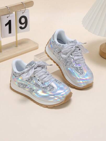 1 Pair Silver Sequin Kids' Athletic Shoes, Children's Casual Sports Shoes, Spring/Autumn New Fashion Versatile Lace-Up Thick Sole Running Shoes, Suitable For School, Sports, Walking, Running And Other Outdoor Occasions