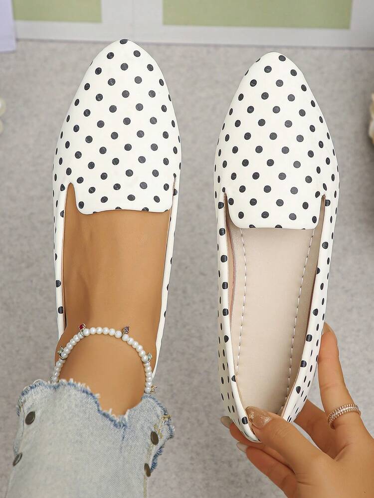 Women's Polka Dot Slip-On Pointed Toe Flat Shoes, Elegant Daily Wear Office Commute Autumn Beige Shoes, Plus Size Women's Shoes, Spring/Summer Slip-On D'Orsay Shoes With Random Pattern Design - Beige PU With Small Black Dots - View 1