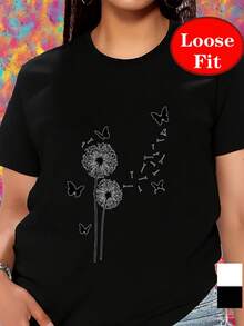 Camiseta de manga corta con cuello redondo y estampado de diente de león y mariposa, top casual de primavera/verano, ropa de mujer de talla grande. - Negro - Ver 2