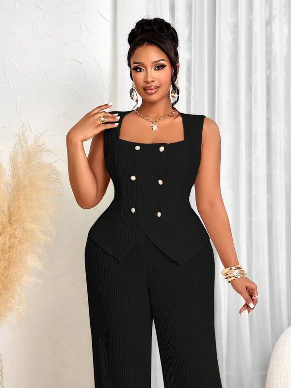 BIUBIU Plus Size Women's Elegant Black Two Pieces Set Women Queen Anne Neck Sleeveless With Gold Button Details Medium Stretch Formal Party Outfit Summer