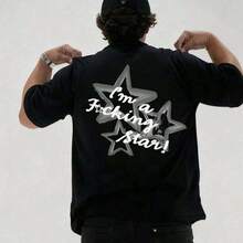 camiseta de algodón para hombre, inspirada en la estética Y2K, presenta un estampado con la frase "I'm a Shining Star". Hecho de algodón suave y cómodo, presenta una silueta holgada estilo - Negro - Ver 1