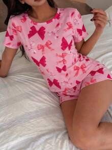 Women's Casual Comfortable Pajama Set, Round Neck Short Sleeve Top And Shorts, Soft Comfortable Minimalist, Bow Print Style, Suitable For Spring And Summer - Hot Pink - View 4