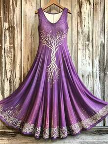 Plus Size Women's Loose Fit Sleeveless V-Neck Dress, Creative Floral Totem Print, Versatile For Spring/Summer Elegant - Purple - View 2