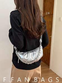 Bolso de mujer 2026 nueva moda estilo croissant dumpling, bolso para teléfono, bolso de hombro, bolso cruzado pequeño - Plateado - Ver 1