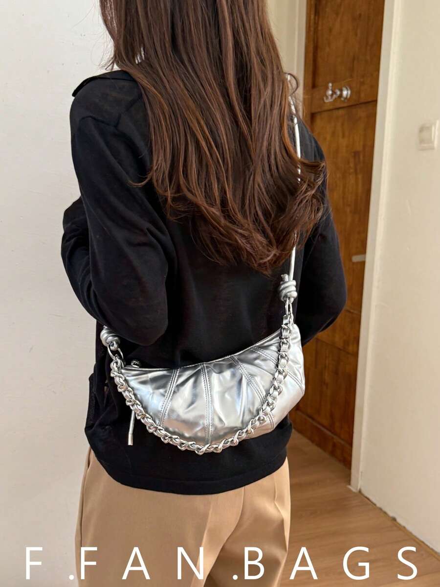 Bolso de mujer 2026 nueva moda estilo croissant dumpling, bolso para teléfono, bolso de hombro, bolso cruzado pequeño - Plateado - Ver 1