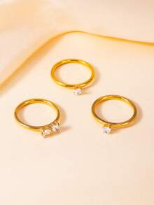 3 piezas Anillos de acero inoxidable con strass en forma de corazón 3 en 1 desmontables y personalizados, 3 piezas Anillos apilables de trébol de cuatro hojas de la suerte de lujo francés para mujer - Dorado - Ver 5