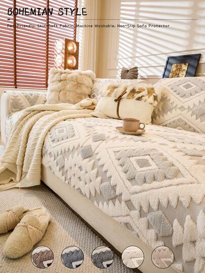 1pc Bohemian Geometric Pattern Sofa Cover, Soft Flocked Texture Scratch-Resistant Sofa Pad, Pet-Friendly Skin-Friendly Machine Washable All-Season Furniture Protector