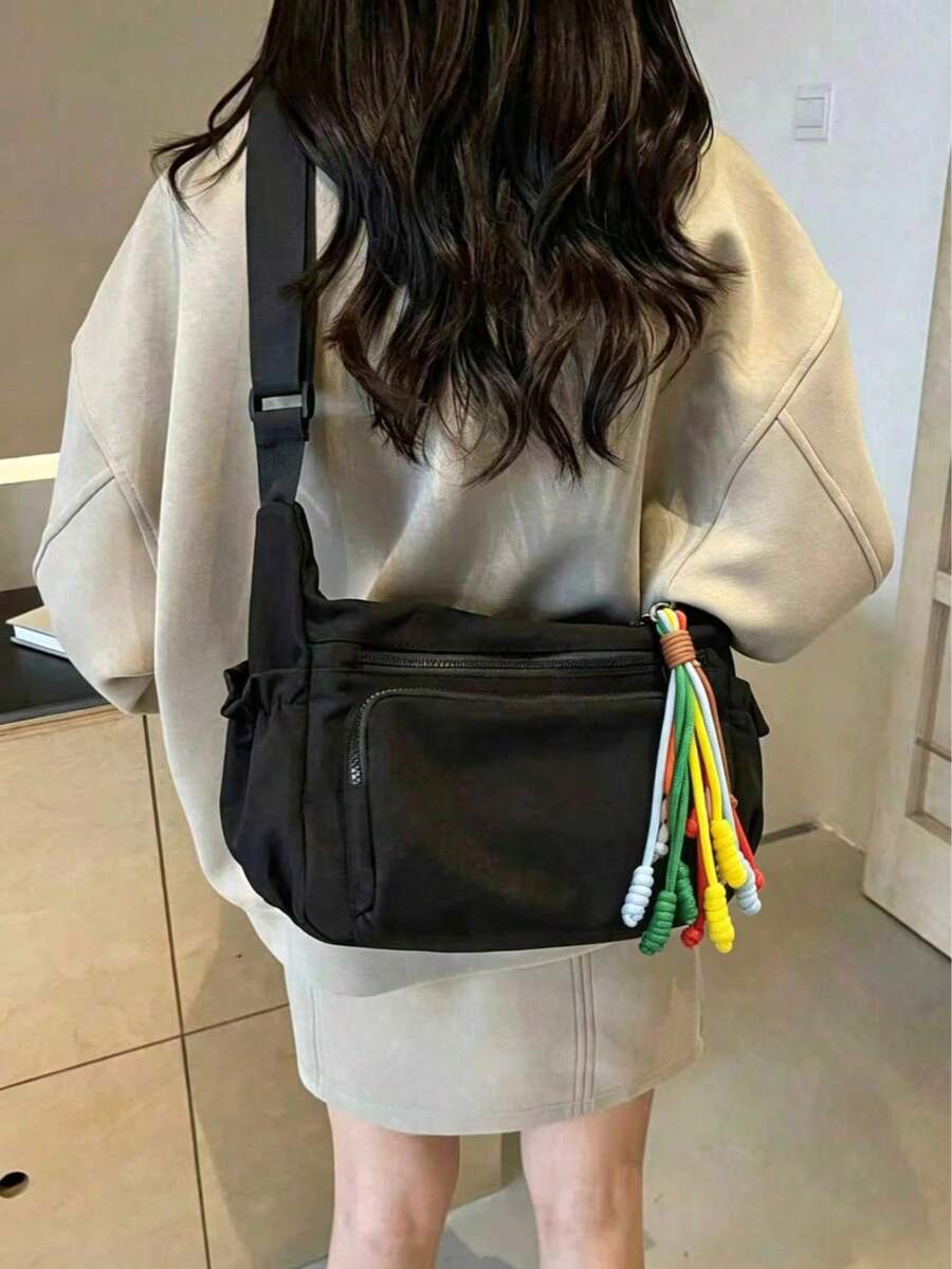Nuevo bolso de hombro suave de nailon conúltiples bolsillos para mujer, bolso bandolera casual, bolso versátil de gran capacidad, temporada de regreso a clases con colgante colorido de dop - Brillante - Ver 1