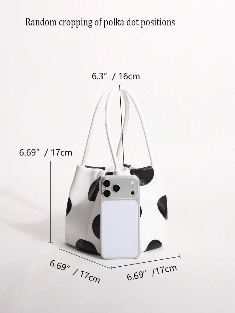 SCULPTEDSTYLE BAGS 1件裝高級高光油皮質感黑白對比大波點手提水桶包，百搭女款波點手提翼形包，時尚極簡優雅多功能經典波點PU材質多風格包，適合通勤、辦公、約會、日常購物、下午茶等場合 - 白色 - 查看 2