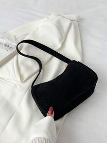 Minimalist Light Gray Corduroy Hobo Underarm Bag, Single Handle Handbag For Women, Soft Accessory For Casual And Office Look - Beige - View 1