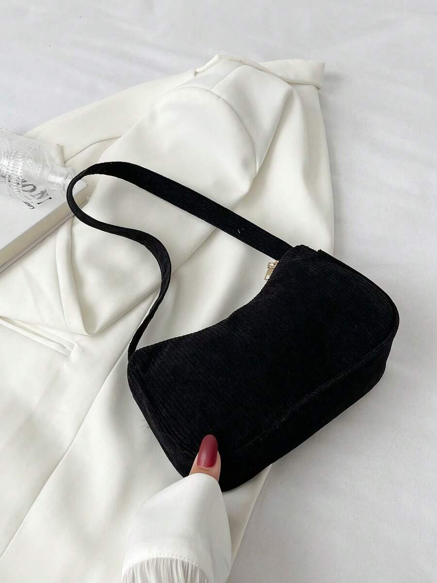Minimalist Light Gray Corduroy Hobo Underarm Bag, Single Handle Handbag For Women, Soft Accessory For Casual And Office Look - Beige - View 1