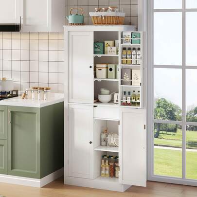 Kitchen Cabinet, Multifunctional Tall Cabinet, Sideboard With Two Doors With Shelves, Storage Compartments And Interior Drawer, 182 * 40 * 75, Suitable For Kitchen, Dining Room And Living Room.