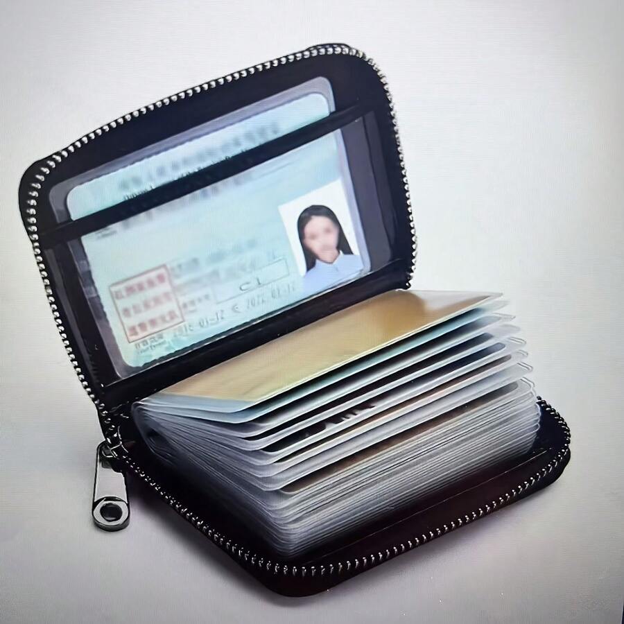 1個中性超薄防盜拉鍊錢包 多功能名片夾 安全旅行文件收納包 耐用黑色設計 極簡風金屬扣飾 便攜超薄銀行卡夾零錢包 - 彩色 - 查看 1