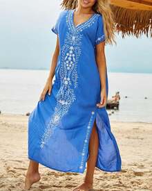 Bsubseach Vestido Largo de Playa de Manga Corta con Cuello en V Cubre Bikini para Mujer Bordado - Verde - Ver 5