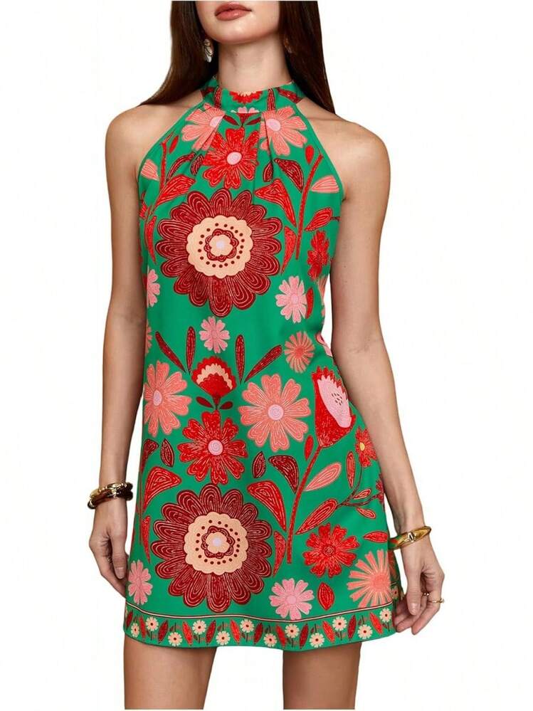 - Vestido corto sin mangas con estampado floral para mujer, cuello halter, línea A - Azul Blanco Tropical - Añade 12