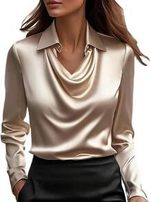 sa de satén con cuello dudete para mujer Genérico – Elegantes blusas de seda de manga larga, camisas de trabajo casuales y elegantes para oficina, invitadas de boda y atuendos escolares 2025 - Amarillo - Ver 2