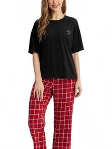 Conjuntos de pijama para mujer con cuello de rosca, top de manga corta y pantalones largos a cuadros, ropa de dormir de 2 piezas para otoño, primavera y invierno. - Negro - Ver 1