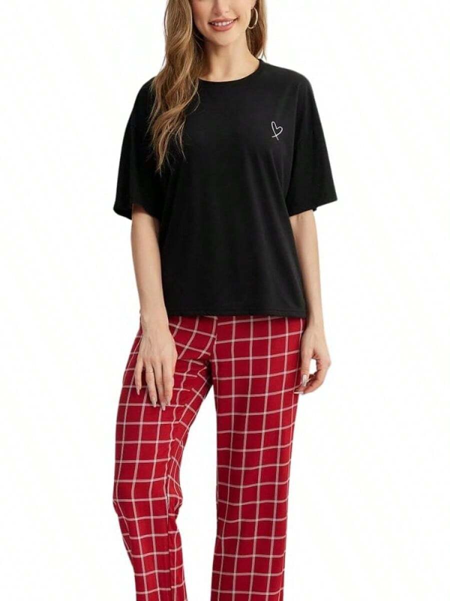 Conjuntos de pijama para mujer con cuello de rosca, top de manga corta y pantalones largos a cuadros, ropa de dormir de 2 piezas para otoño, primavera y invierno. - Negro - Ver 1