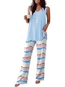 - Conjunto de pijama para mujer, sin mangas, cómodo conjunto de playera sin mangas y pantalones con cuello en V, 2 piezas, S-XXL - Raya gris - Ver 19