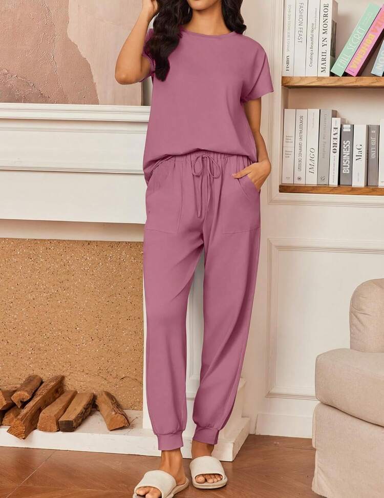 Conjunto de Pijama Capri para Mujer , Ropa de Dormir de Manga Corta, 2 Piezas, Cuello Redondo, Pijama Suave con Bolsillos - Flores rosadas - Añade 3