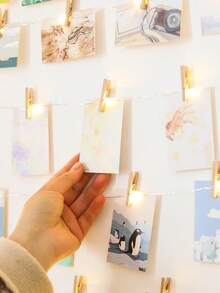 1pc 1-10m LED Copper Wire String Lights With Wooden Photo Clips, 10 Clips Per Meter (±2-3 Clips Error), Hanging Photo Cards Fairy Lights, Photo Wall Decoration Lights, Bedroom Atmosphere Decorative Light String, Suitable For Girls' Room Birthday Party Anniversary Home Decor - 銅色線 - 查看 2