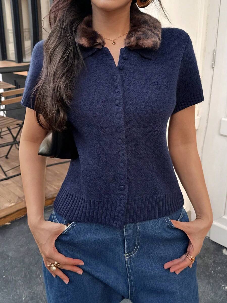 DEEKA Cardigan Rajut Kerah Motif Hewan Gaya Eropa dan Amerika Terbaru untuk Wanita Musim Gugur/Dingin Musim Panas - Angkatan laut - View 1