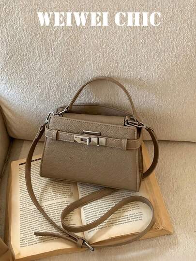 Fashion Litchi Texture Faux Leather Mini Kelly Handbag, Silver Twist Lock Hardware, Dual Handle Design, Elegant Slim Compact Crossbody Bag, Suitable For Office And Date Ladies, Perfect For Business Commute, Wedding Date, Brunch And Neutral Color Formal Wear