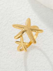 LIKGREAT 1pc Fashion Women's Stainless Steel Starfish Shell Open Ring, Unisex Minimalist Versatile Accessory, Niche Exquisite Daily Wear, Great Gift - Ocean Series - View 1