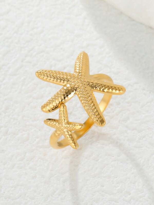 LIKGREAT 1pc Fashion Women's Stainless Steel Starfish Shell Open Ring, Unisex Minimalist Versatile Accessory, Niche Exquisite Daily Wear, Great Gift