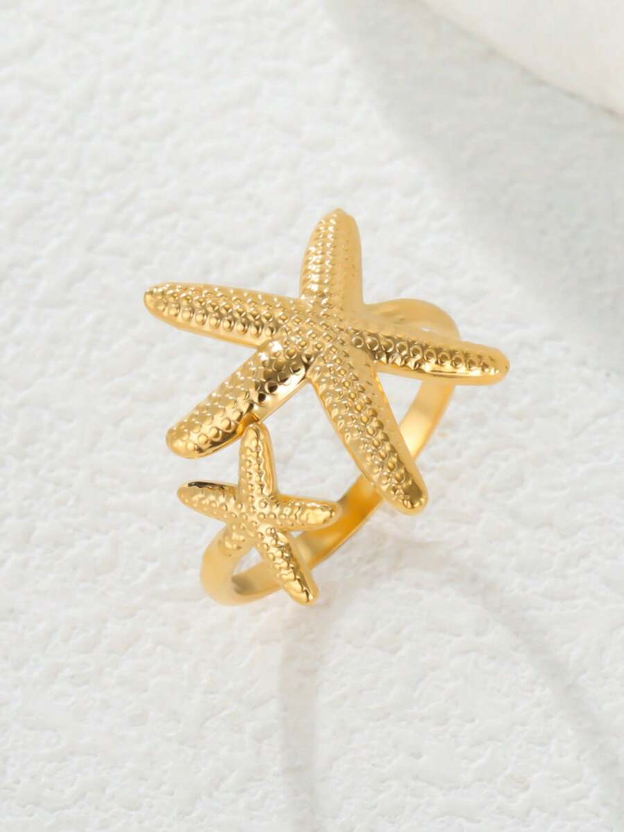 LIKGREAT 1pc Fashion Women's Stainless Steel Starfish Shell Open Ring, Unisex Minimalist Versatile Accessory, Niche Exquisite Daily Wear, Great Gift - Ocean Series - View 1