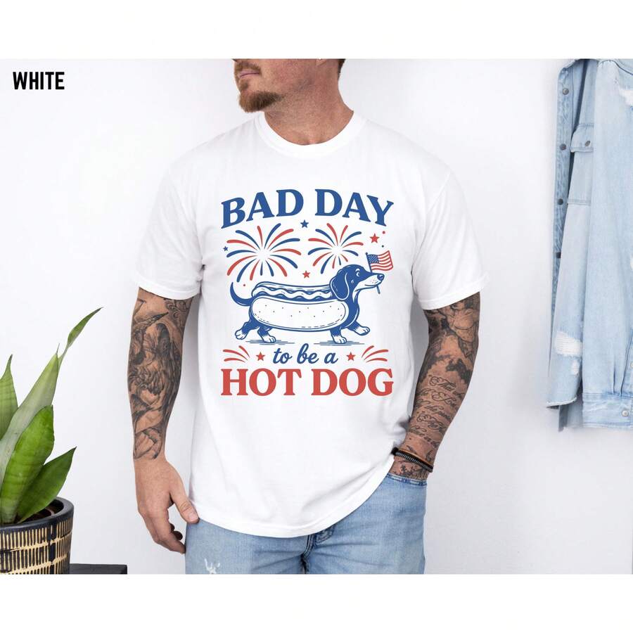 Unisex White T-Shirt, "A Bad Day To Be A Hot Dog" T-Shirt, Funny 4th Of July Dachshund T-Shirt, Patriotic Dachshund T-Shirt YTFR - 白色 - 查看 1