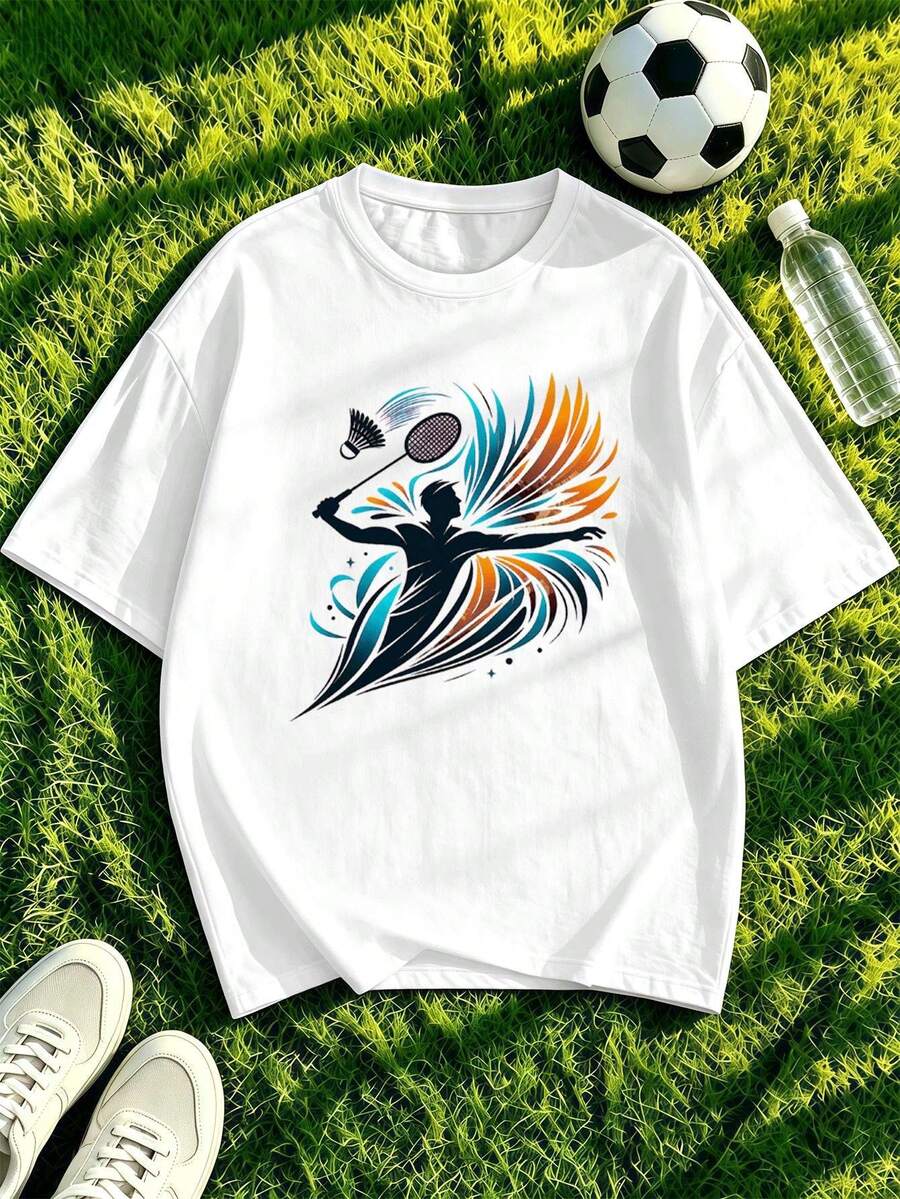 T-Shirt Sportiva Da Uomo Con Grafica Per Badminton, In Cotone Di Alta Qualità, Vestibilità Ampia, Traspirante, Casual, Con Stampa Grafica Unica. - White - View 1