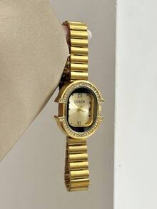 1pc Gold/Silver Square Bamboo Pattern Quartz Watch, Suitable For Daily Wear, Birthday Gift, Christmas - Gold - View 1