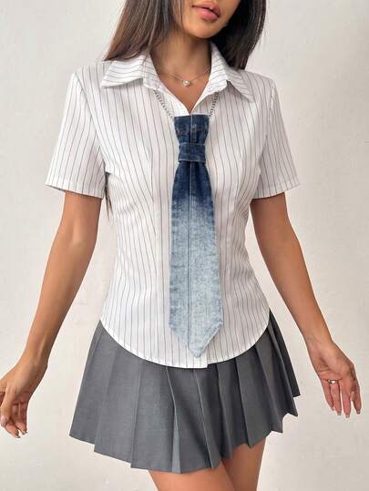 1件女款時尚可調節鏈條頸鍊漸層牛仔領結，適合日常休閒、外出、購物、派對與聚會