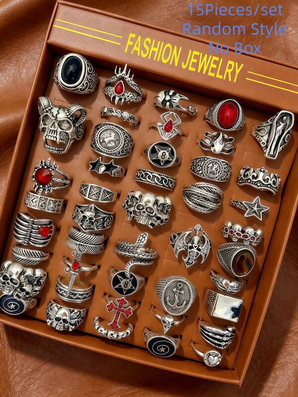 Juego de 15 piezas/set de anillos unisex vintage punk hip hop con calavera, mariposa y araña, regalo personalizado para fiestas, accesorios de joyería diarios, estilos aleatorios