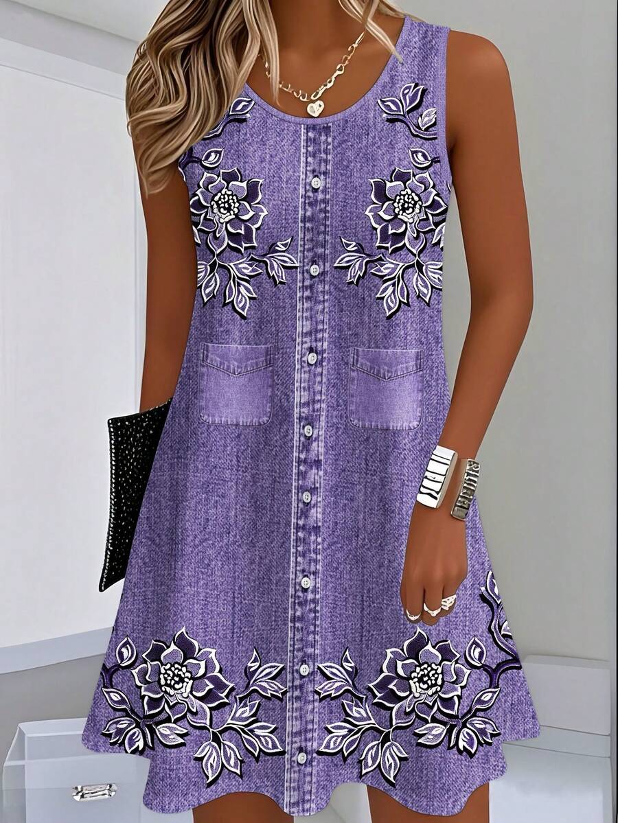 Summer Dress With Color Gradient And Plant Print, Vintage Style, Sleeveless, Loose And Flattering Cut. - Purple - View 1
