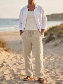 Men's Solid Color Linen Casual Pants, Thin Straight Leg Long Trousers, Breathable Beach Vacation Style, Elastic Waist With Drawstring, Versatile Daily Wear - Khaki - View 3