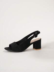 Minimalist Chunky Heeled Suedette Slingback Sandals, Black Elegant Solid Color Open Heel Shoes,Spring Summer Outfits - Black - View 11