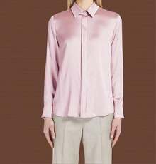Blusa de seda de manga larga brillante para mujer, con botones y solapa formal - Azul marino - Ver 2