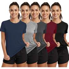 Lukovee Paquete de 5 Camisetas Deportivas para Mujer de Secado Rápido, Playeras Blusas Deportivas Mujer Transpirable, Ajuste Holgado, para Fitness, Yoga, Correr, Gimnasio - Colores oscuros - 5 piezas - Ver 8