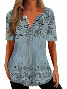 Ceboyel - Camisas Henley con estampado floral para mujer, cuello en V, sexy, casual, de manga corta, blusas elegantes para mujer - Blanco #19 - Ver 22