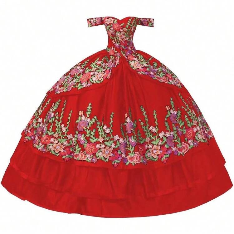 Vestidos de quinceañera con bordado floral con hombros descubiertos y temática mexicana, vestido de baile para mujer 2023 - Vino - Añade 18