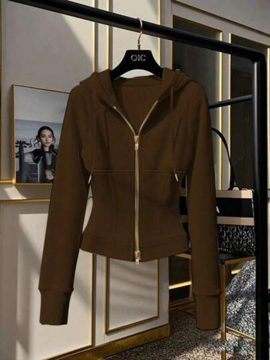 Sudadera casual de mujer de unicolor con cremallera frontal y cordón ajustable - Café integral - Ver 1