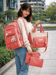 Shendy Vendy Backpack With Large Capacity, 5-Piece Set Fashionable Cool Youth Backpack Pencil Case Laptop School Student - MOD101 粉紅色 - 查看 1