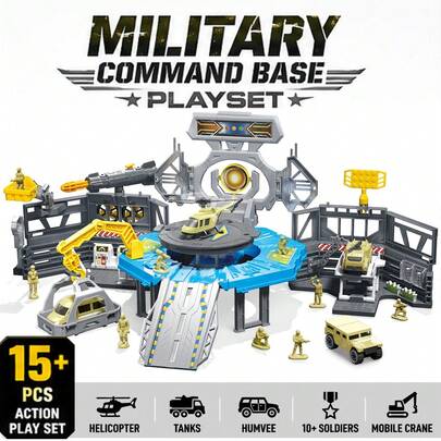 Set de juego Base Militar con Helicóptero y Vehículos Blindados, Centro de Mando del Ejército, Figuras de Acción de Soldados, Estación de Reparación. Juguetes Militares para Niños de 4 a 8, 5 a 7 y 6 a 12 años. Regalo de Cumpleaños y Navidad.
