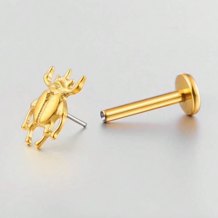 1 pieza de piercing de labret de titanio ASTM F136 con diseño de escarabajo, pendiente de base plana, aro para labio, concha y hélix, joyería para piercing - Sin rosca - Añade 12